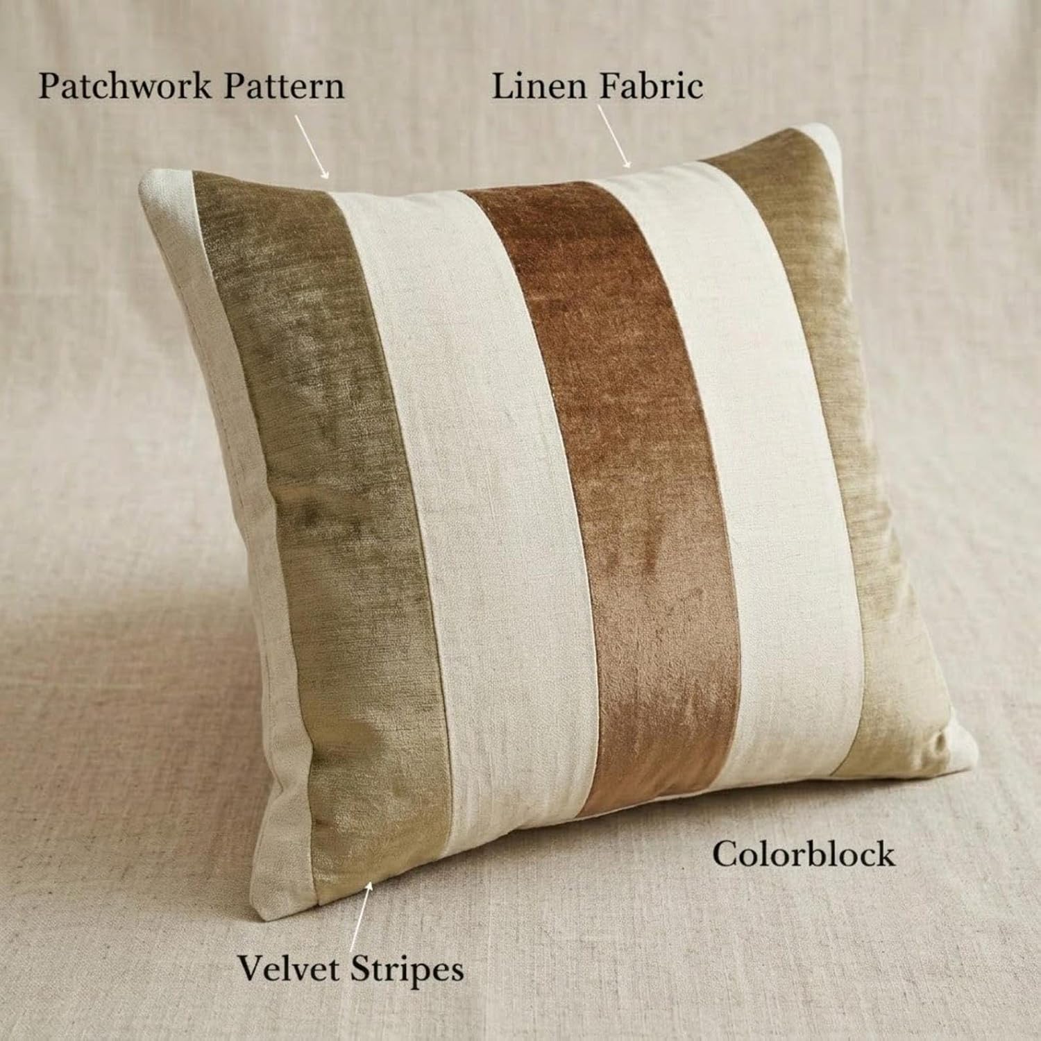 Velvet Throw Pillow Covers with Patchwork Stripe Design - Image 2
