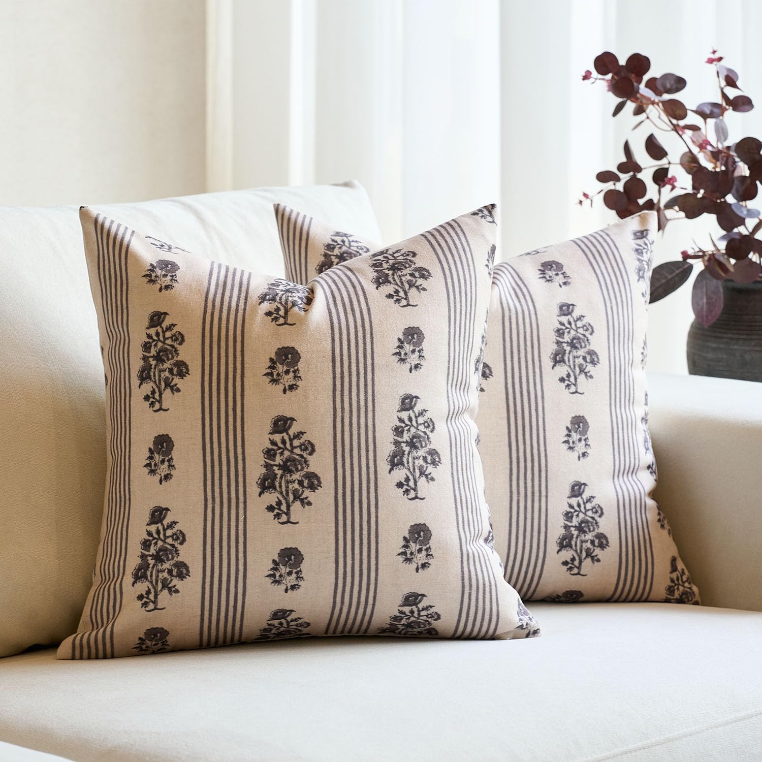 Floral Stripe Throw Pillow Covers with Refined Pattern Detail