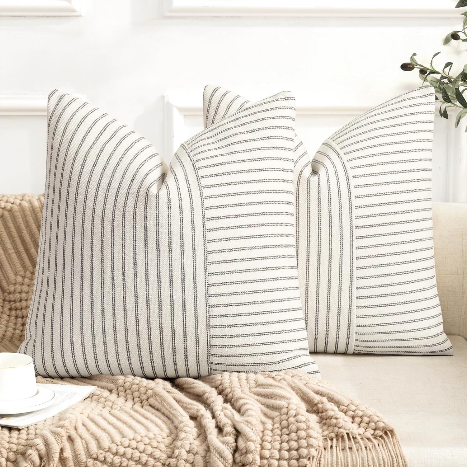 Boucle Lumbar Throw Pillow Covers with Textured Stripe Pattern