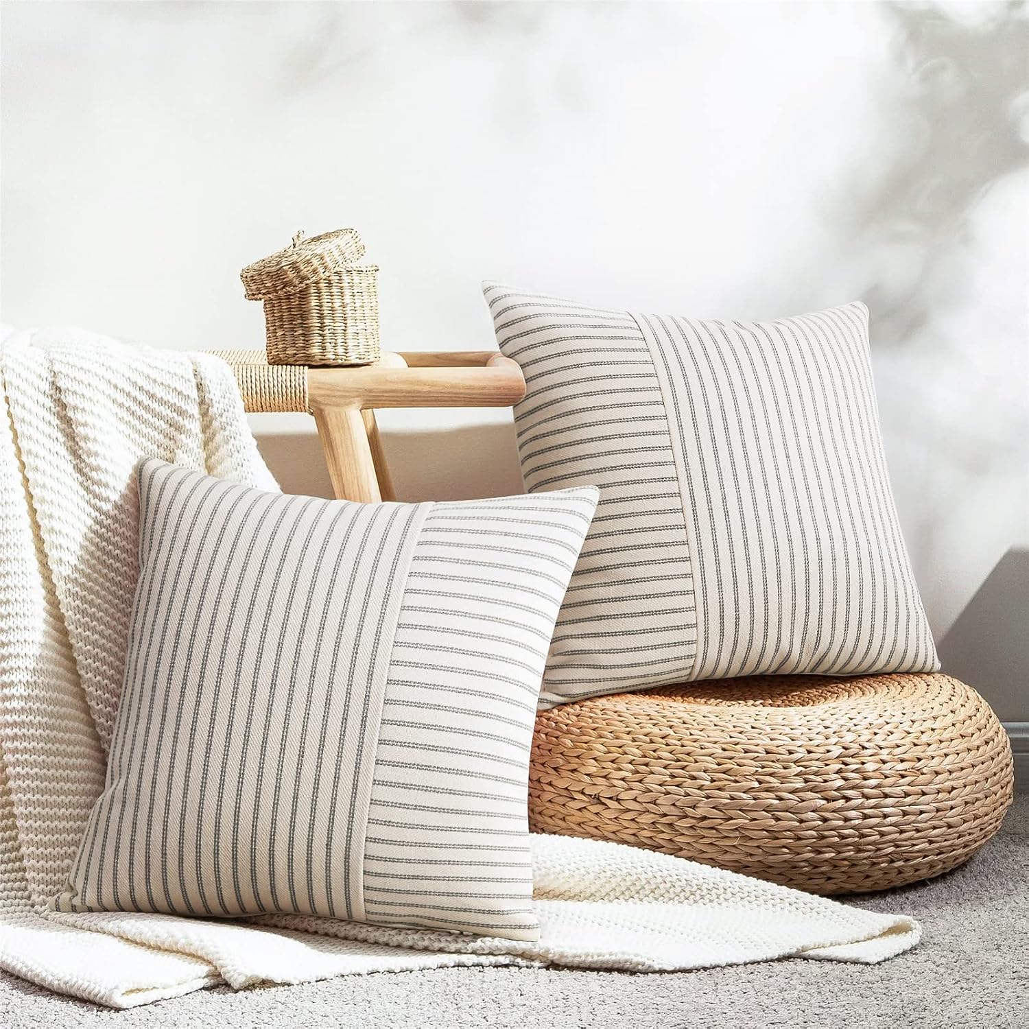 Boucle Lumbar Throw Pillow Covers with Textured Stripe Pattern - Image 2