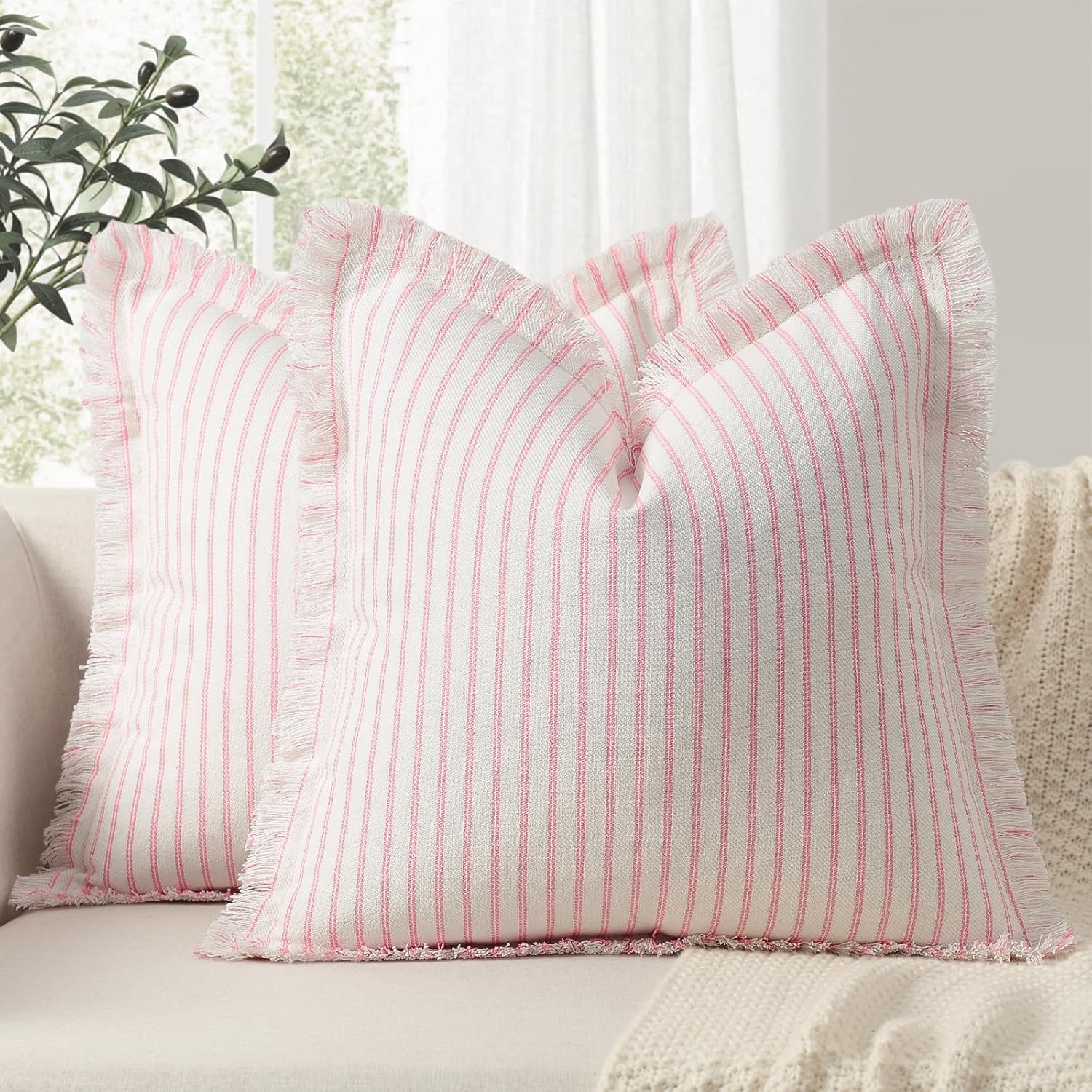 Cotton Linen Throw Pillow Covers with Classic Stripe Texture
