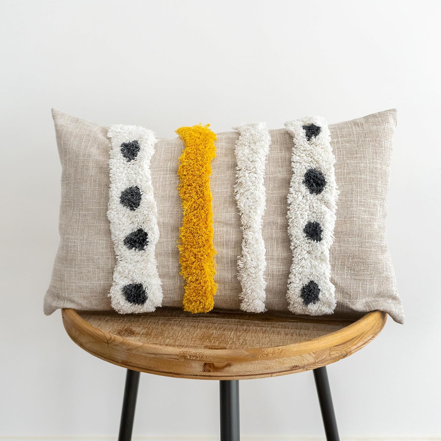Tufted Lumbar Throw Pillow Cover with Woven Stripe Detail