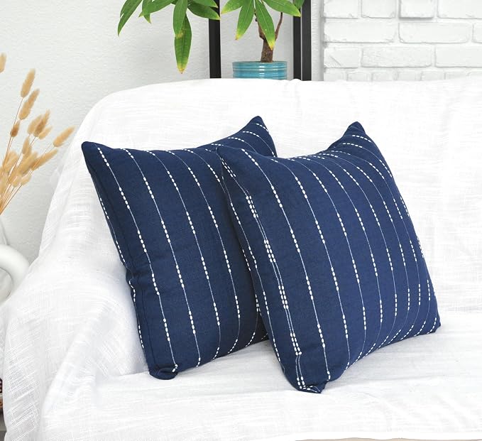Cotton Throw Pillow Covers with Woven Stripe Pattern - Image 2