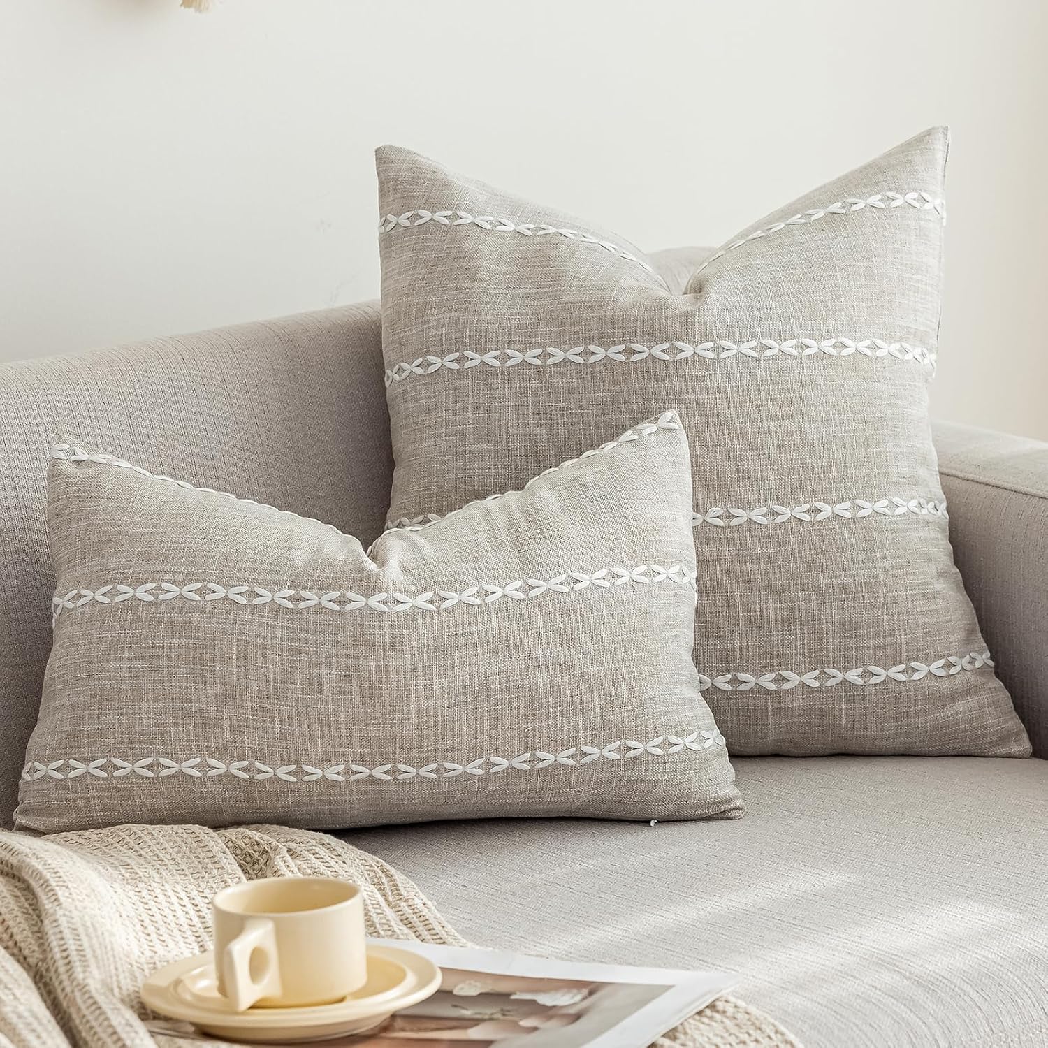 Cotton Linen Throw Pillow Covers with Embroidered Stripe Detail - Image 2