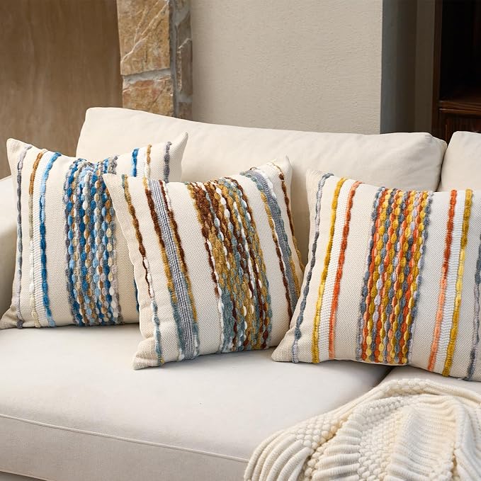 Tufted Stripe Throw Pillow Covers with Textured Accent Detail