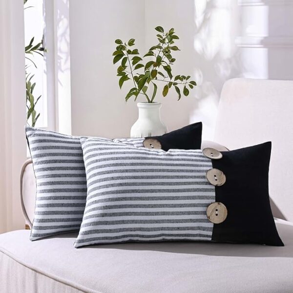 Linen Blend Lumbar Pillow Covers with Button Accent Detail