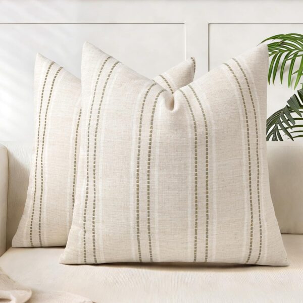 Linen Throw Pillow Covers with Patchwork Stripe Texture