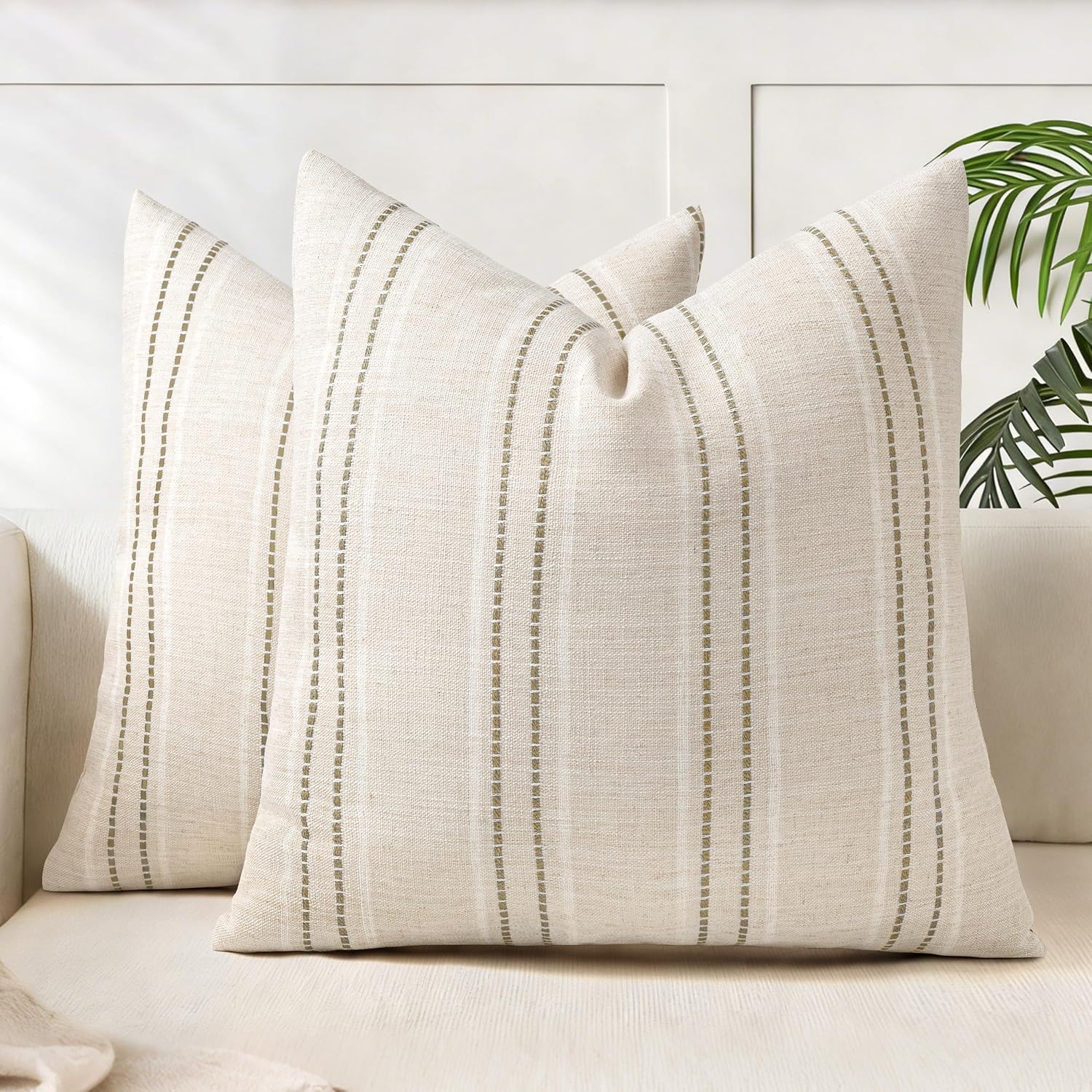 Linen Throw Pillow Covers with Patchwork Stripe Texture