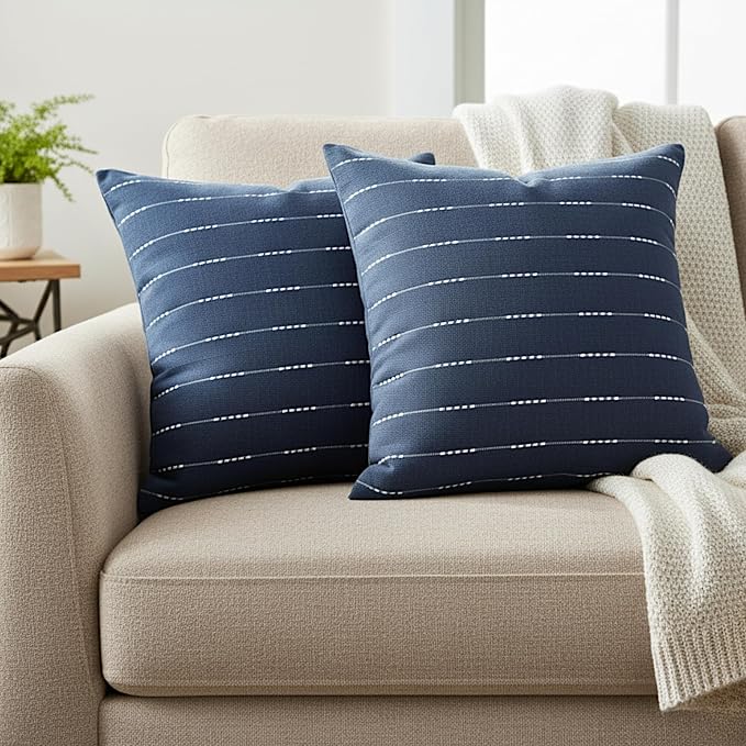 Cotton Throw Pillow Covers with Woven Stripe Pattern
