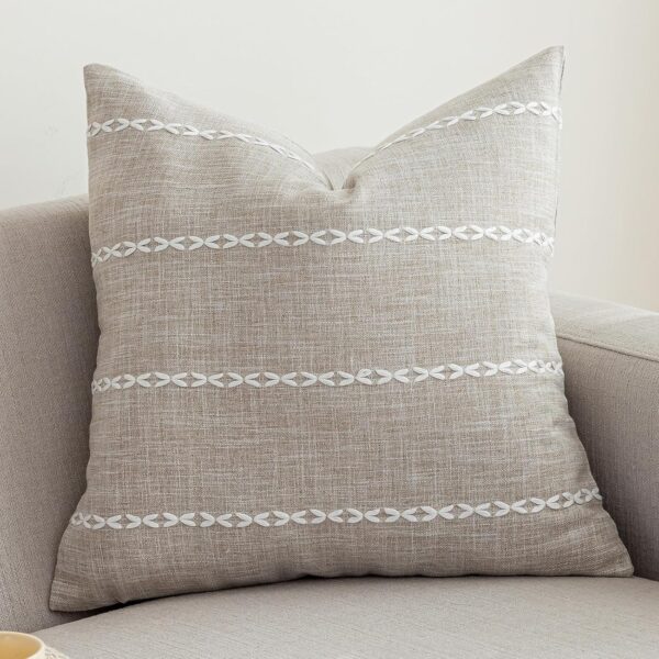 Cotton Linen Throw Pillow Covers with Embroidered Stripe Detail