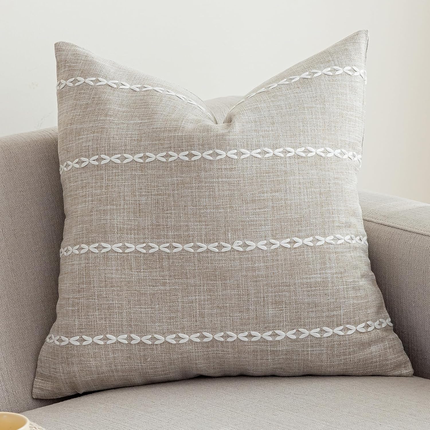 Cotton Linen Throw Pillow Covers with Embroidered Stripe Detail